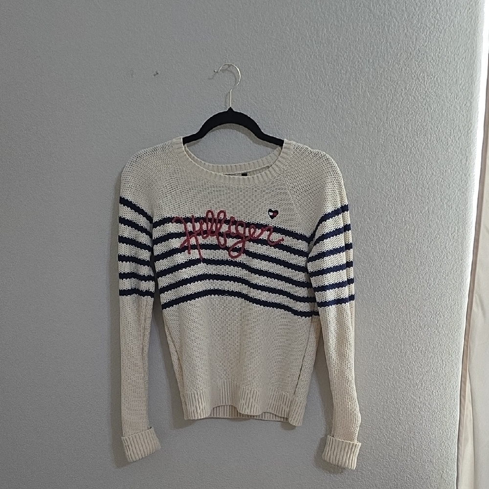 Tommy Hilfiger Women's Cream Sweater with Navy Stripes